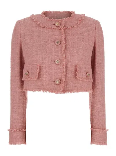 Dolce & Gabbana Pink Crop Jacket With Logoed Buttons In Cotton Tweed Woman
