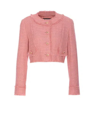 Dolce & Gabbana Pink Crop Jacket With Logoed Buttons In Cotton Tweed ...