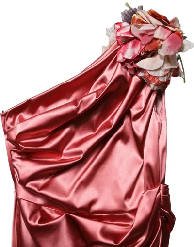 Dolce & Gabbana Pink Draped Midi Flower Appliques Dress In Red