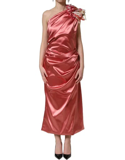 Dolce & Gabbana One-shoulder Draped Satin Dress In Pink