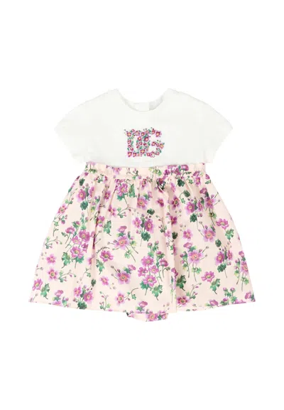 Dolce & Gabbana Pink Dress For Baby Girl With Flowers And Logo In White