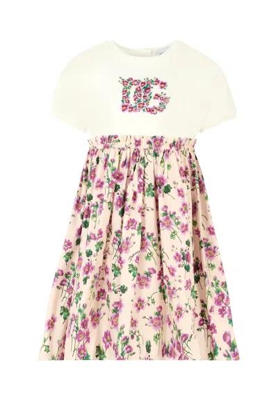 Dolce & Gabbana Kids' Pink Dress For Girl With Flowers And Logo