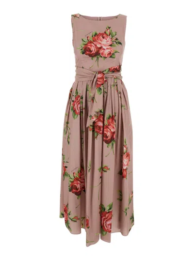 Dolce & Gabbana Abito Midi In Cotone Rosa Con Stampa Fiori Dolce E Gabbana In Pink