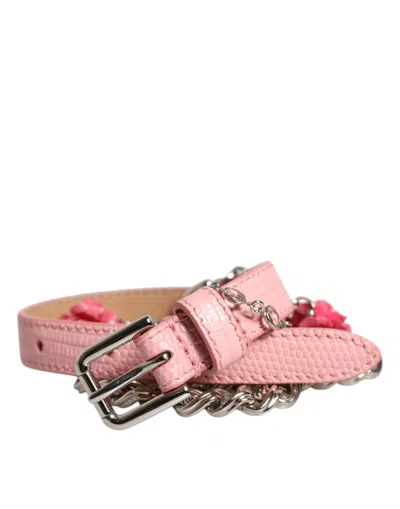 Dolce & Gabbana Roses Embellished Textured Leather Belt Chain In Pink