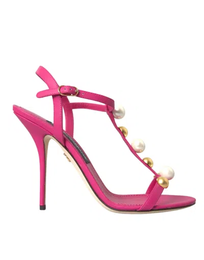 Dolce & Gabbana Pink Embellished Leather Sandals Heels Shoes