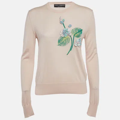 Pre-owned Dolce & Gabbana Pink Floral Applique Cashmere Sweater M