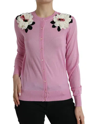 Dolce & Gabbana Pink Floral Crew Neck Button Cardigan Sweater