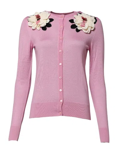 Pre-owned Dolce & Gabbana Pink Floral Detailing Cardigan Women's Sweater ()