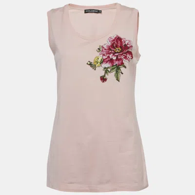 Pre-owned Dolce & Gabbana Pink Floral Embroidered Jersey Tank Top S