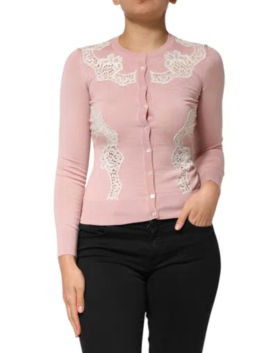 Pre-owned Dolce & Gabbana Pink Floral Lace Detailing Cardigan Women's Sweater ()