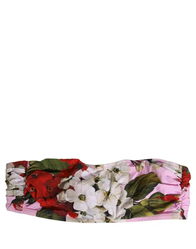 Dolce & Gabbana Pink Floral Print Bandeau Beachwear Bikini Women's Top In Multi