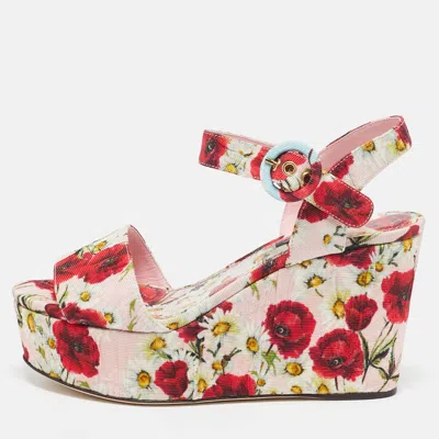 Pre-owned Dolce & Gabbana Pink Floral Print Brocade Fabric Wedge Sandals Size 35