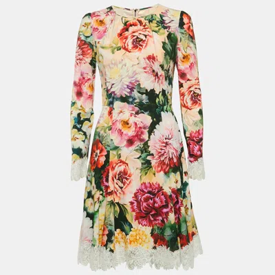Pre-owned Dolce & Gabbana Pink Floral Print Crepe Lace Trim Short Dress M