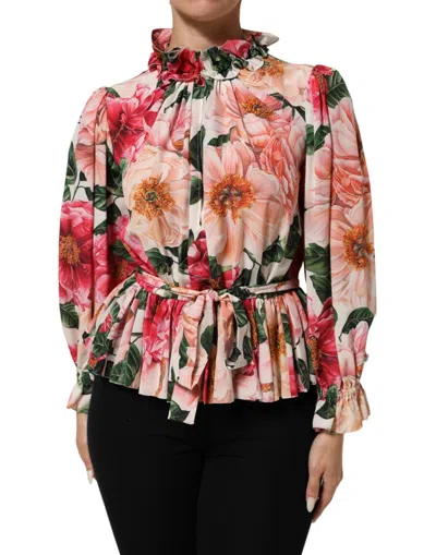 Pre-owned Dolce & Gabbana Pink Floral Printed Silk Ruffled Blouse Women's Top ()