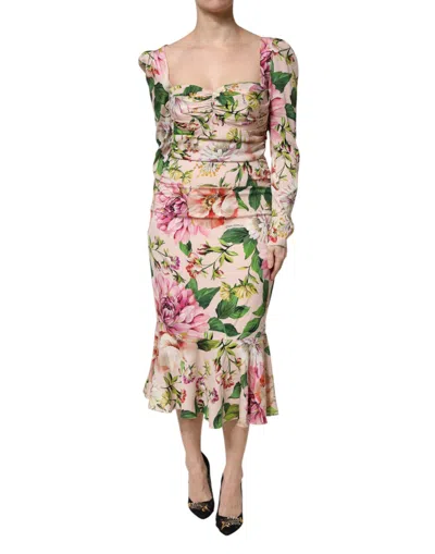 Dolce & Gabbana Pink Floral Silk Fit And Flared Midi Women's Dress In Multi