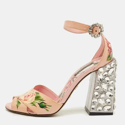 Pre-owned Dolce & Gabbana Pink Flower Print Patent Leather Crystal Embellished Ankle Strap Sandals Size 37