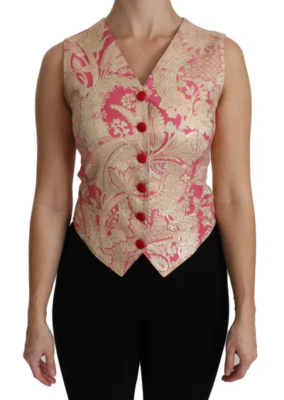 Dolce & Gabbana Pink Gold Brocade Waistcoat Vest Blouse Women's Top