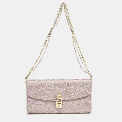 Pre-owned Dolce & Gabbana Pink Lace And Satin Padlock Chain Clutch