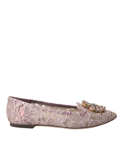 DOLCE & GABBANA PINK LACE CRYSTAL BALLET FLATS LOAFERS SHOES