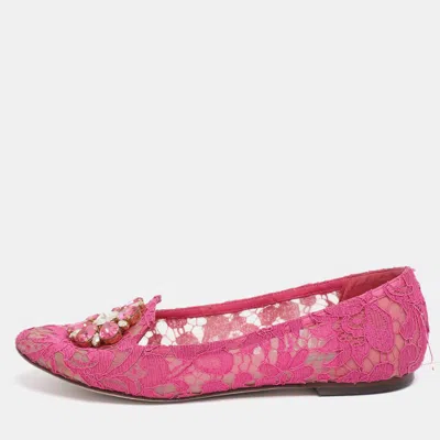 Pre-owned Dolce & Gabbana Pink Lace Crystal Embellished Taormina Ballet Flats Size 38