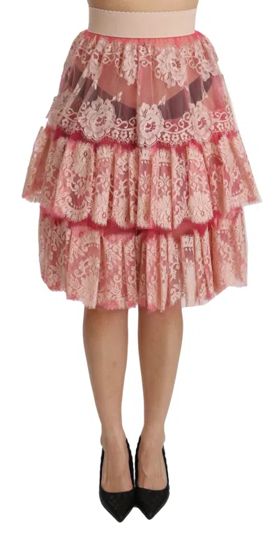 Dolce & Gabbana Pink Lace Layered High Waist Knee Length Women's Skirt