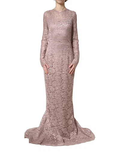 Dolce & Gabbana Pink Lace Long Sleeves Evening Gown Dress In Brown