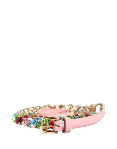 Dolce & Gabbana Pink Leather Crystal Chain Embellished Belt In Black
