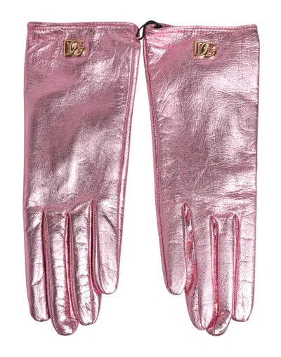 Dolce & Gabbana Pink Leather Dg Logo Wrist Length Mitten Gloves