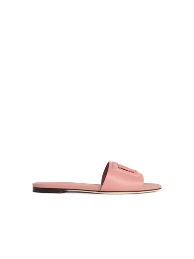 Dolce & Gabbana Women Pink Slide Sandals With Cut Out Logo In Leather Woman