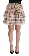 Dolce & Gabbana Pink Lily Print Silk Mini Tiered A-line Skirt In Pink