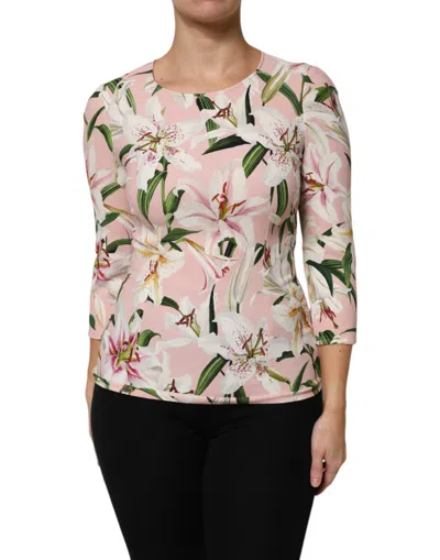 Pre-owned Dolce & Gabbana Pink Lily Print Viscose Round Neck Blouse Women's Top ()