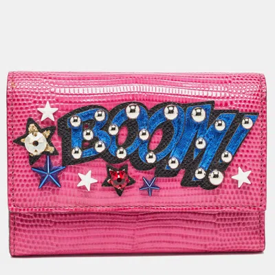 Pre-owned Dolce & Gabbana Pink Lizard Embossed Leather Boom Patch Trifold Wallet