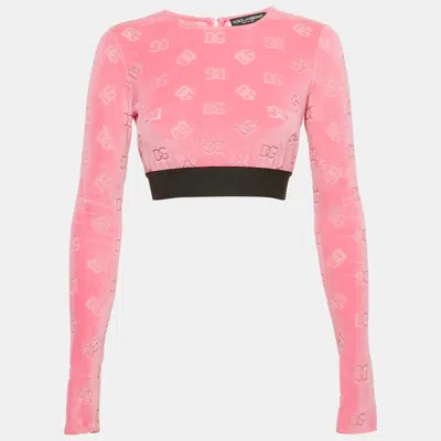 Pre-owned Dolce & Gabbana Pink Monogram Velvet Crop Top S