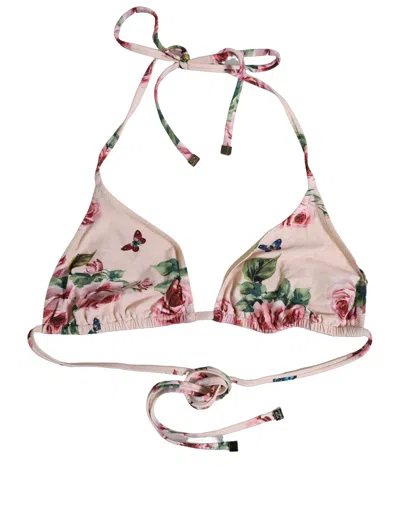 Dolce & Gabbana Pink Nylon Floral Halter Beachwear Bikini Women's Top