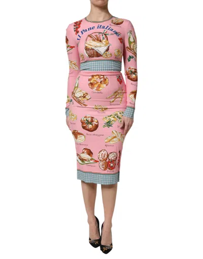 DOLCE & GABBANA DOLCE & GABBANA PINK PASTRY PRINT BODYCON SHEATH MIDI WOMEN'S DRESS