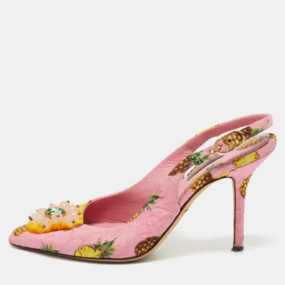 Pre-owned Dolce & Gabbana Pink Pineapple Print Fabric Embellished Slingback Pumps Size 37.5
