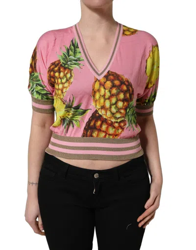 Dolce & Gabbana Pink Pineapple Vneck Short Sleeve Cropped Top