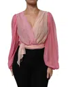 Dolce & Gabbana Pink Plunging V-neck Long Sleeves Blouse Top