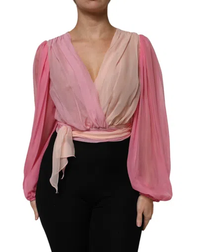 Dolce & Gabbana Pink Plunging V-neck Long Sleeves Blouse Top