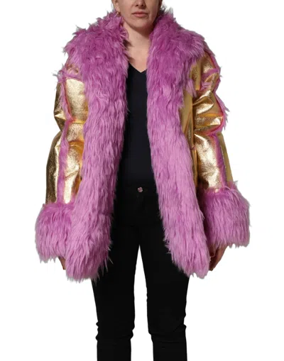 Dolce & Gabbana Pink Plush Faux Fur Gold Leather Coat Jacket In Purple