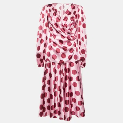 Pre-owned Dolce & Gabbana Pink Polka Dot Satin Blouse And Skirt Set M