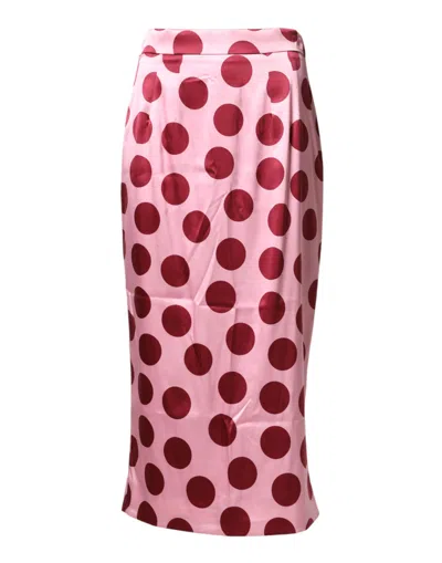 Dolce & Gabbana Pink Polka Dot Silk Pencil Cut Midi Women's Skirt In Multi
