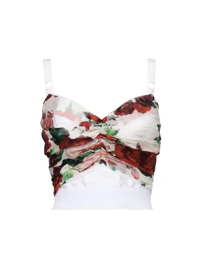 Dolce & Gabbana Bustier Top In Marquisette And Chiffon With Rose Print In White