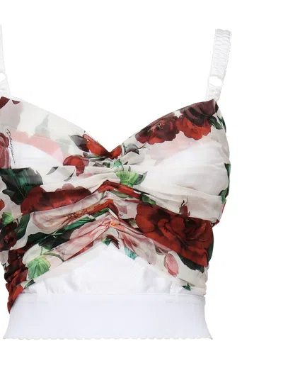 Dolce & Gabbana Bustier Top In Marquisette And Chiffon With Rose Print In White