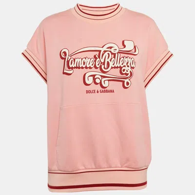 Pre-owned Dolce & Gabbana Pink Printed Cotton Contrast Trim Detail Crew Neck T-shirt S