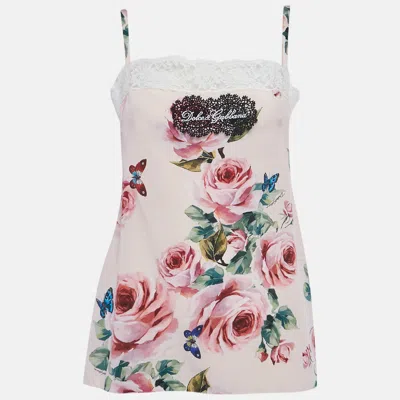 Pre-owned Dolce & Gabbana Pink Rose Print Silk And Lace Trim Cami Top M
