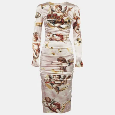 Pre-owned Dolce & Gabbana Pink Satin Baroque Cherub Print Ruched Midi Dress S
