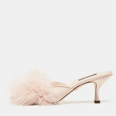 Pre-owned Dolce & Gabbana Pink Satin Feather Detail Slide Sandals Size 37