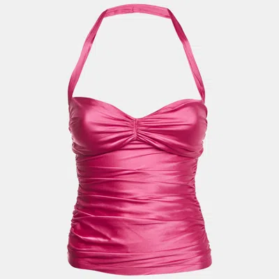 Pre-owned Dolce & Gabbana Pink Satin Ruched Halter Neck Top Xs