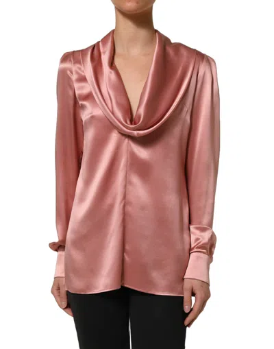 Pre-owned Dolce & Gabbana Pink Satin Silk V-neck Long Sleeves Blouse Women's Top ()